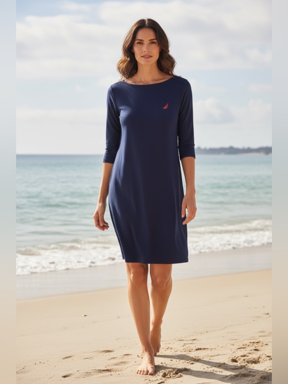 Nautica Navy Long-Sleeve Boatneck Shift Dress with Red Sail Logo